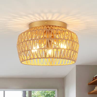 3-Light Rattan Semi Flush Mount Chandelier for Hallway Entryway Dining Room