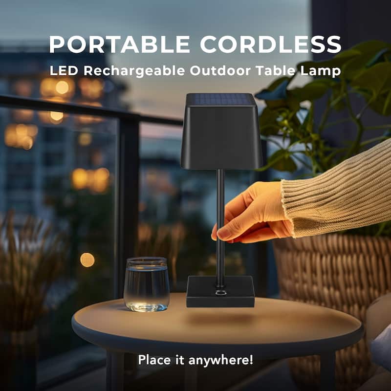 12" Matte Black Cordless Portable Outdoor Solar Operated Dimmable LED Table Lamp - 3.9"