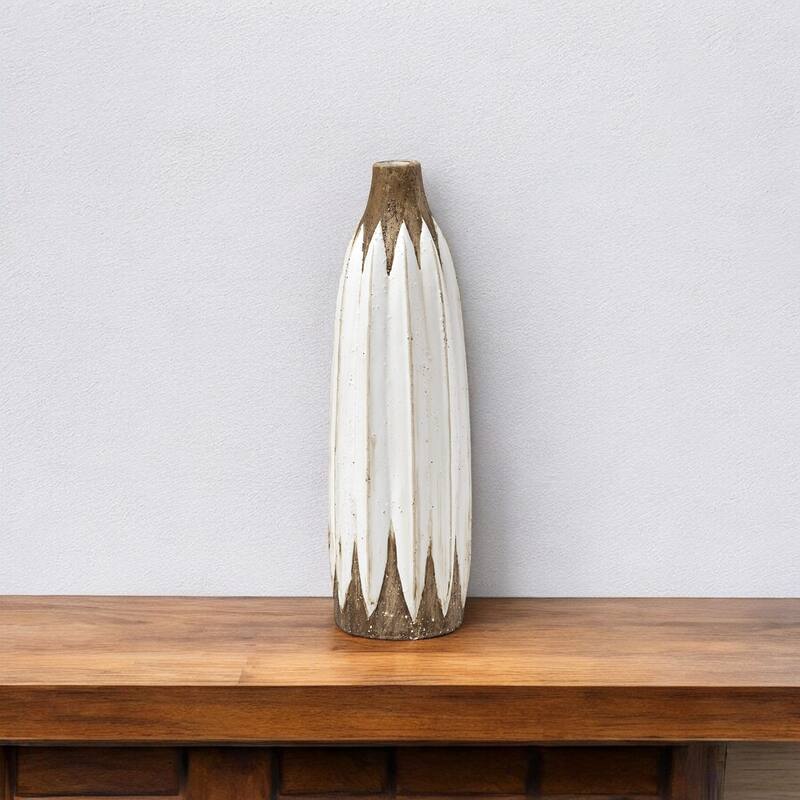 HomeRoots 14" Brown And White Abstract Cylinder Ceramic Table Vase - 6" W x 18" H x 6" D