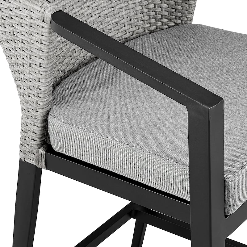 Aileen Outdoor Patio Counter Stool in Aluminum and Wicker with Grey Cushions