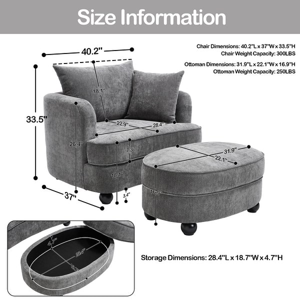 dimension image slide 8 of 11, 40.2" Modern Chenille Accent Chair,Comfy Reading Chair with Storage Ottoman