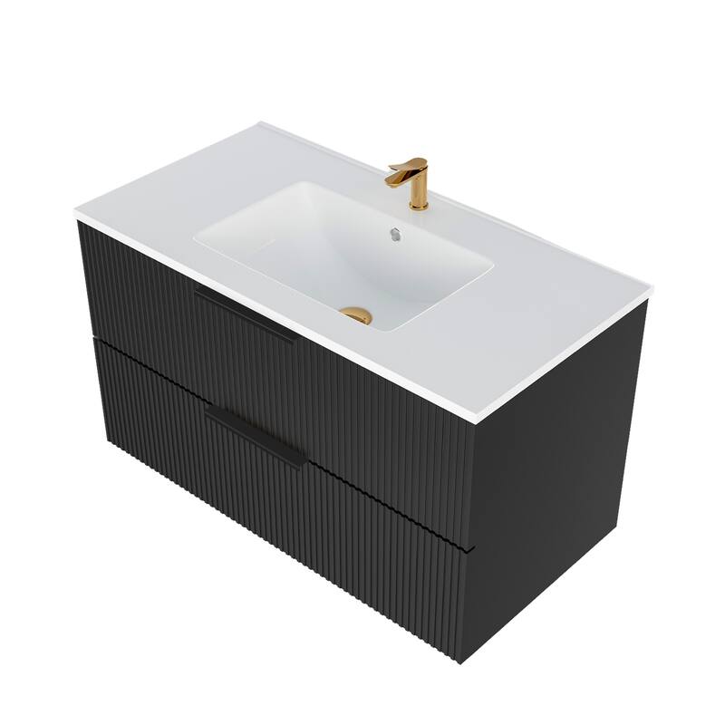 Modern Fluted Wall-Mounted Vanity with Ceramic Sink & Integrated Drawers