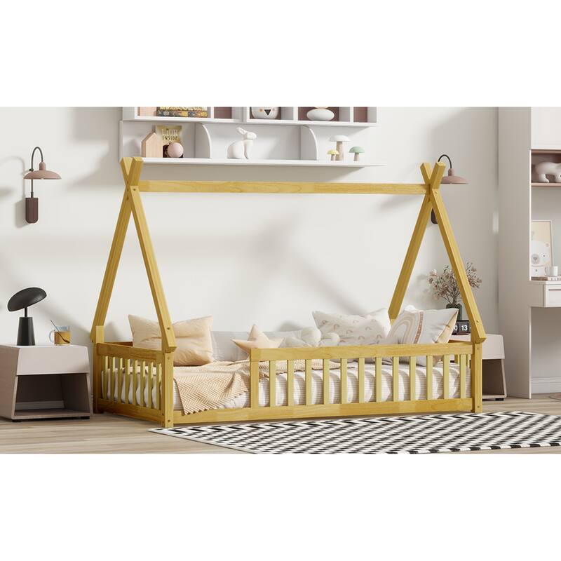 Roomfitters Twin Tent-Shaped Floor Bed with Teepee Frame, Rubber Wood Platform with Guardrails and Slats