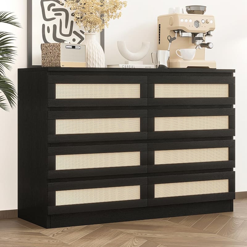 6/8 Drawer Rattan Dresser for Bedroom, Double Wood Chest of Drawers for Closet, Nightstand, TV Stand