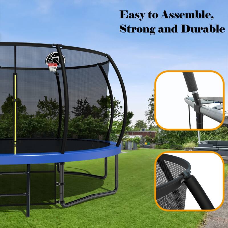 12FT Recreational Kids Trampoline with Safety Enclosure Net Ladder, Outdoor Recreational Trampolines