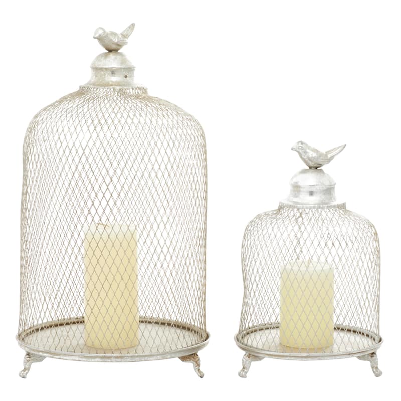 Metal Bird Cage Style Cloche Decorative Candle Lantern with Elevated Stand - Set of 2 Silver - Roche River Decor