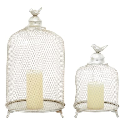 Metal Bird Cage Style Cloche Decorative Candle Lantern with Elevated Stand - Set of 2 Silver - Roche River Decor