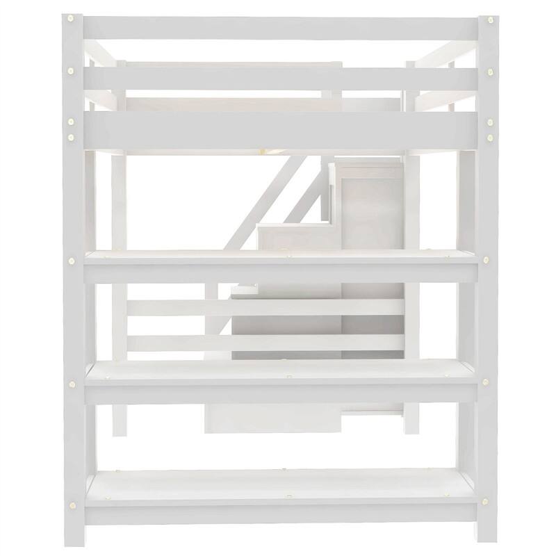 Twin/Full Size Loft Bed with Small Wardrobe and Storage Staircase, Solid Wood Loft Bedframe with LED Light and Storage Shelves