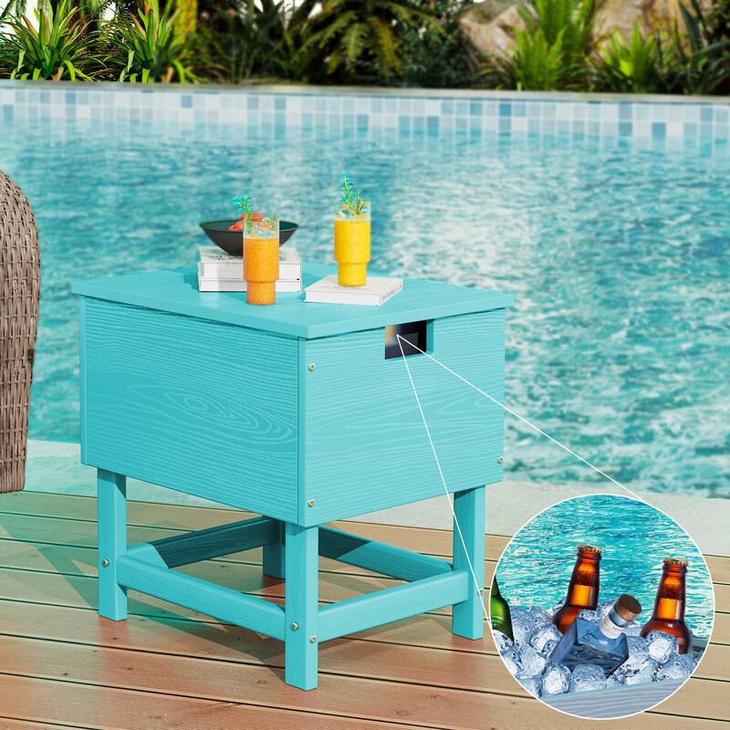Outdoor Patio Weather Resistant HDPE Coffee & Side Table, Build-in Stainless Steel Cooler Bucket