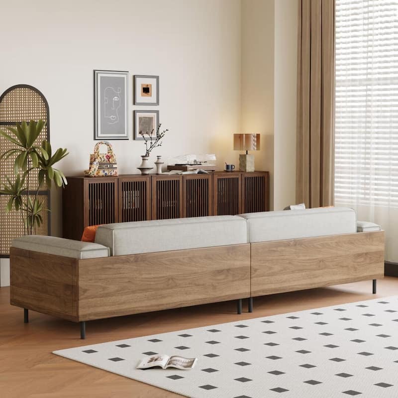 Mid-Century Modern 4 Seater Sofa Walnut Cotton Linen Upholstery, Removable Washable Covers, Deep Cushions with Pillows