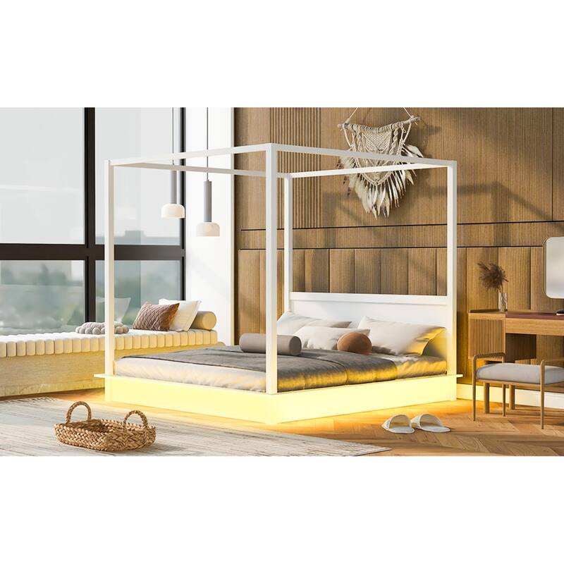 Roomfitters King Size Wooden Canopy Bed with LED Lighting, Modern Platform Bed Frame with Headboard, No Box Spring, White