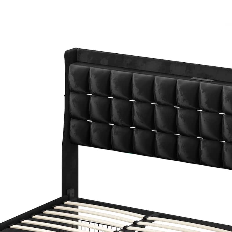 Moasis King Size Velvet Platform Bed with 4 Drawers RGB Lights and Charging Station No Box Spring Needed