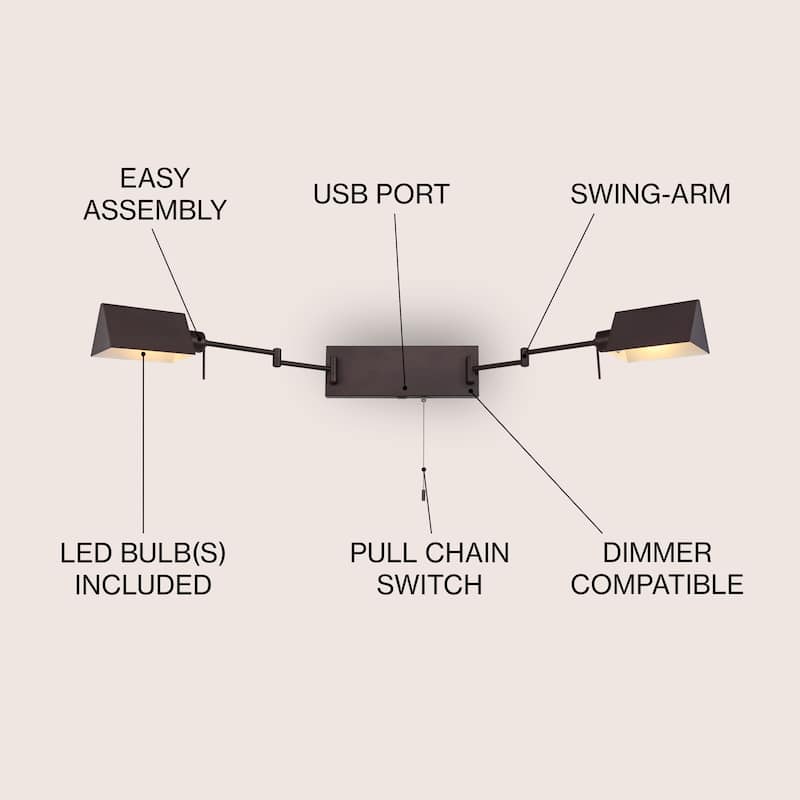 Curtis Farmhouse Swing Arm Plug-In or Hardwired Iron LED Wall Sconce with Pull-Chain with USB Charging Port, by JONATHAN Y