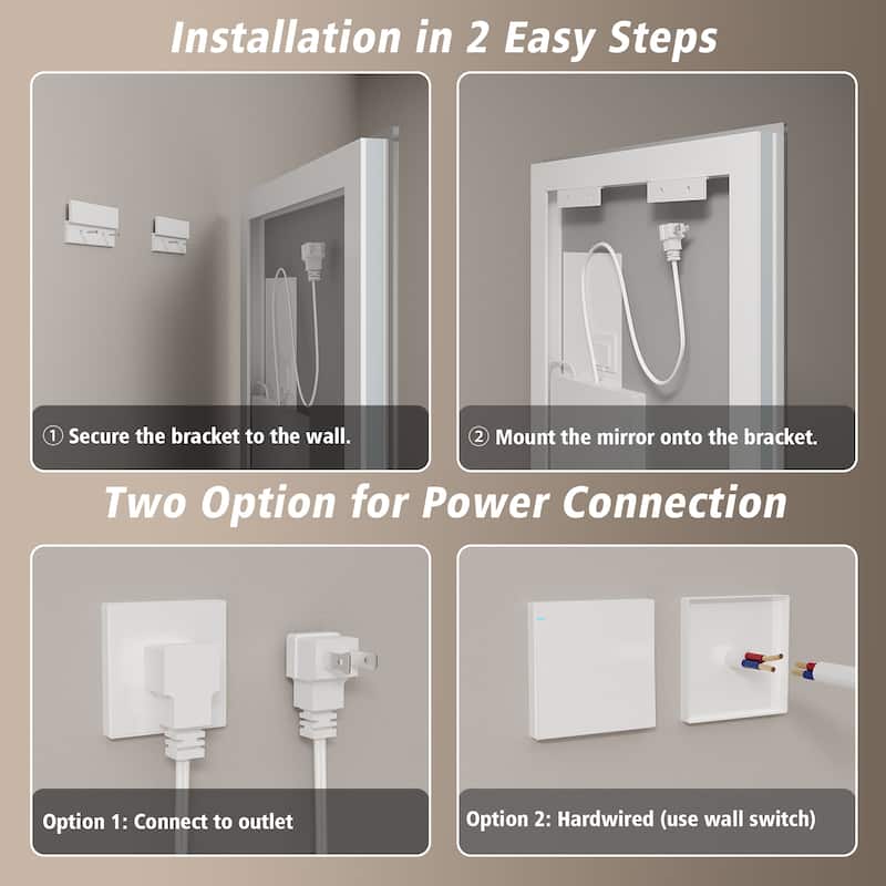 Frameless LED Front Light and Backlit 3 Colors Dimmable Anti-Fog Wall Bathroom Vanity Mirror