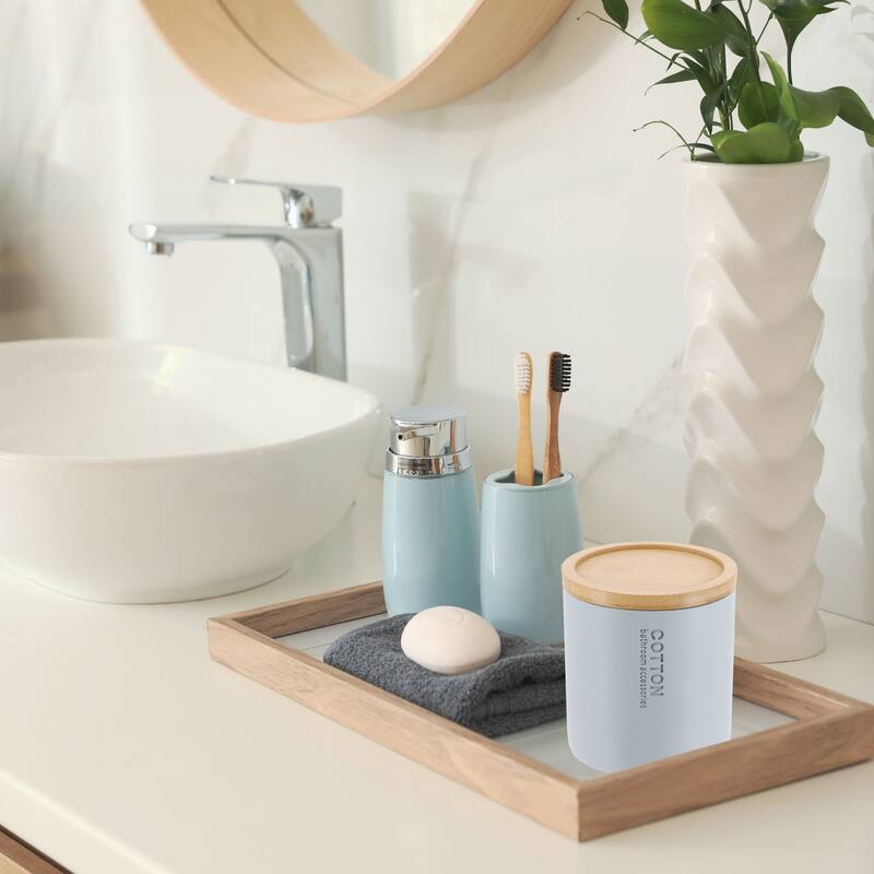 Sleek Cotton Pad Holder - Polyresin Bathroom Storage Container with Bamboo Lid - 4 L x 4 W x 4.6H