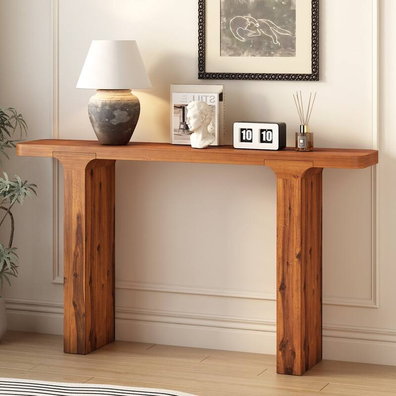Minimalist Design Acacia Veneer Entryway Display Table, Hallway Rounded Corners Console Table, Elegant Sofa Table - Brown