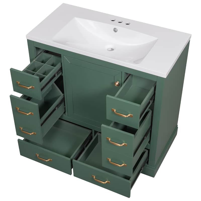 36" Bathroom Wood Storage Vanity Cabinet with Ceramic Sink, 6 Drawers