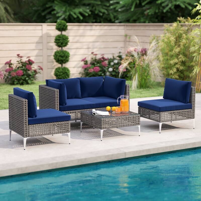 5-Piece Outdoor Patio Sofa Set with Navy Cushions and PE Rattan Sectional and Glass Coffee Table - 26" x 24" x 26"