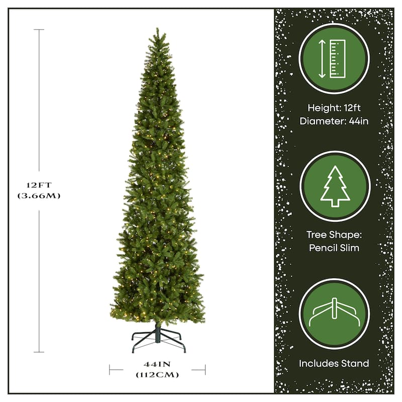 National Tree Company 12 ft Pre-Lit Downswept Douglas Fir Slim Artificial Christmas Tree, 850 LED Lights, Includes Stand, Green