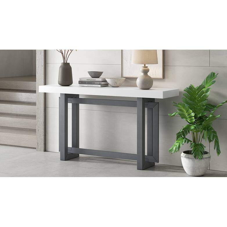 U_STYLE Contemporary Console Table with Wood Top - Dark Gray+White