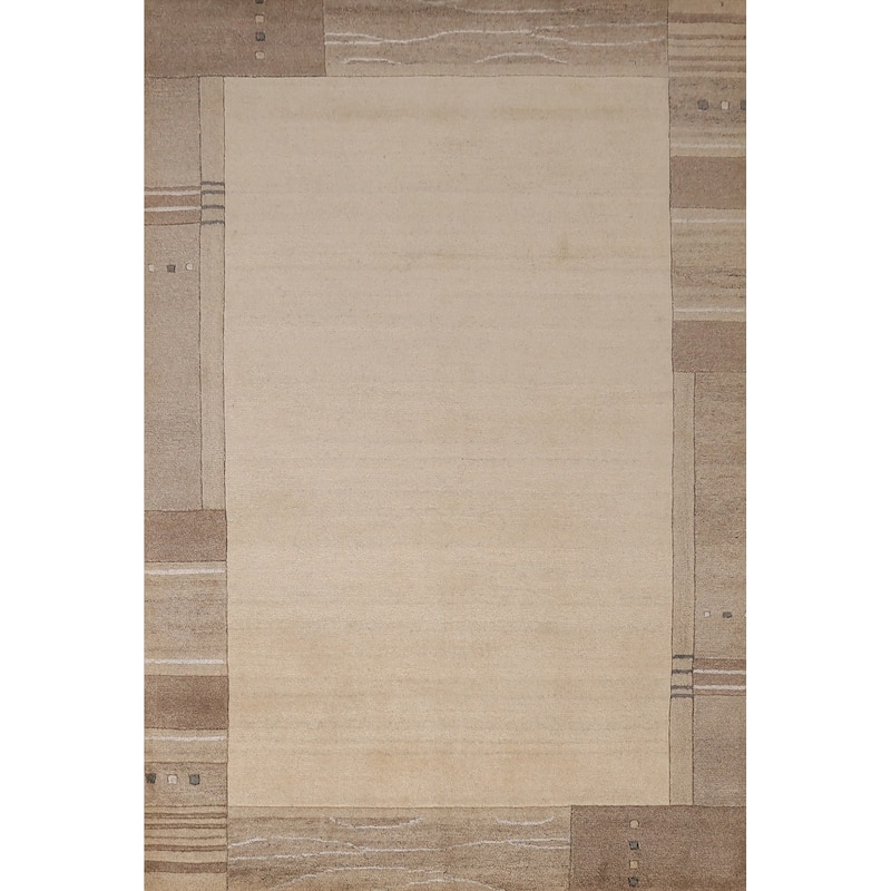 Solid Beige Modern Gabbeh Indian Area Rug Hand-Tufted Wool Carpet - 5'3" x 7'7"