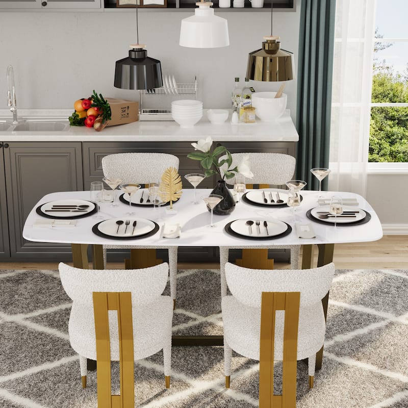 70 inch Dining Table Set with Boucle Dining Chairs