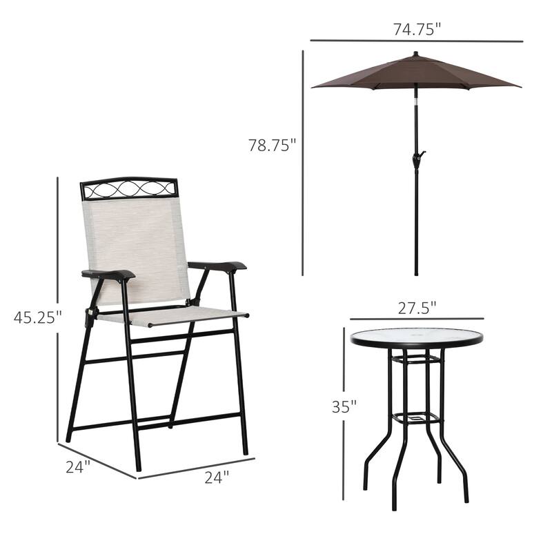 Outdoor Patio Dining Set, Outdoor Garden Furniture Set with 2 Folding Chairs, Tempered Glass Tabletop with Umbrella Hole