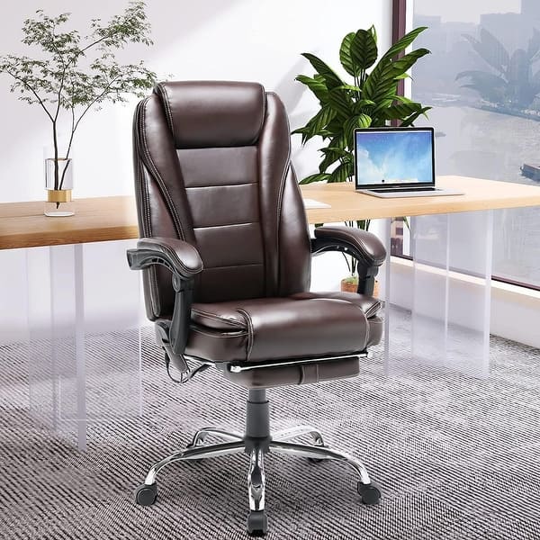 Ergonomic Heated Executive Office Chair with 2/4/6-Point Massage, Retractable Footrest, and PU Leather - 4-Point Brown