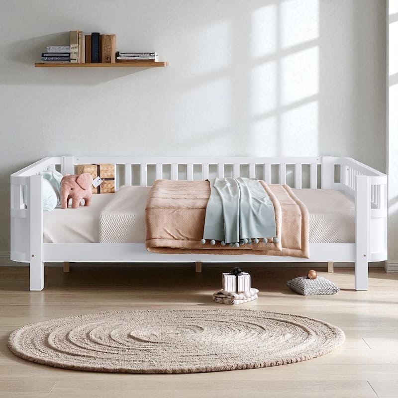 Wood Platform Bed with Guardrails & Detachable Fence, Twin/Full/Twin XL/Queen Size Kids Bed, Safety Design, No Box Spring