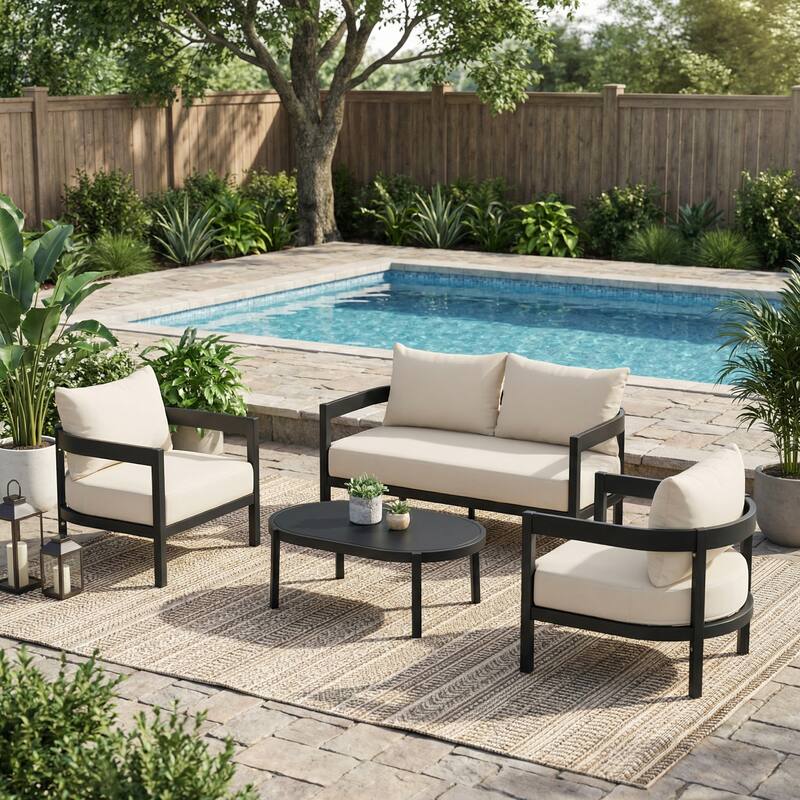 Christopher Knight Home - Modern 4-Piece Outdoor Aluminum Patio Conversation Set with Oval Glass Coffee Table & Thick Cushions