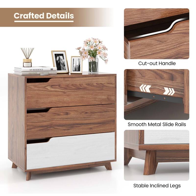 Costway 3-Drawer Dresser Farmhouse Wooden Sofa Beside Table Storage