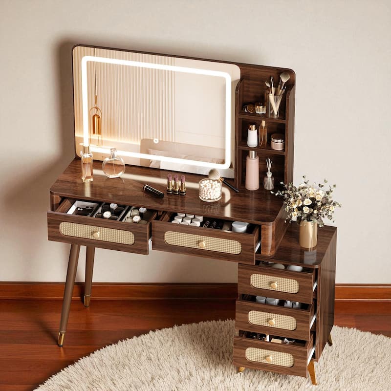 47'' Vintage Makeup Vanity with Mirror and Lights, Dressing Table with 5 Drawers, Storage Shelf & Rattan Design