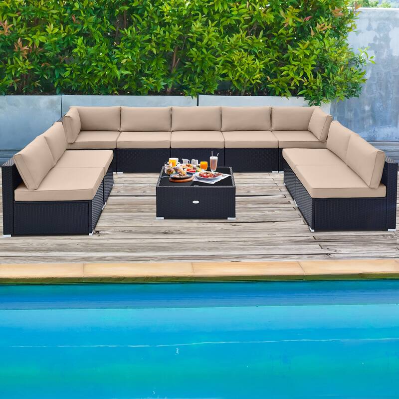 10 Piece Outdoor Wicker Conversation Set with Seat and Back Cushions - 29" x 25" x 25"