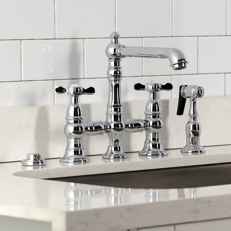 Kingston Brass Essex Two-Handle 4-Hole Deck Mount Bridge Kitchen Faucet with Brass Side Sprayer