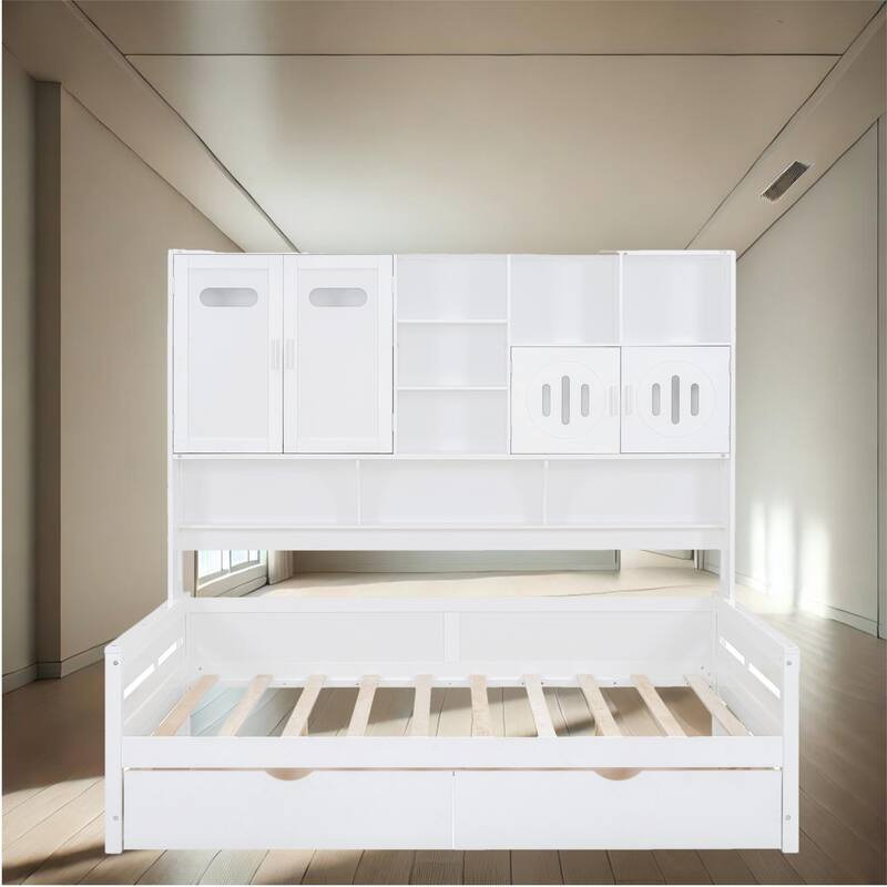 Contemporary Twin/Full Size Wooden Daybed with 2 Storage Drawers, Cabinet, and Shelf - Solid Wood Slats - White - Full