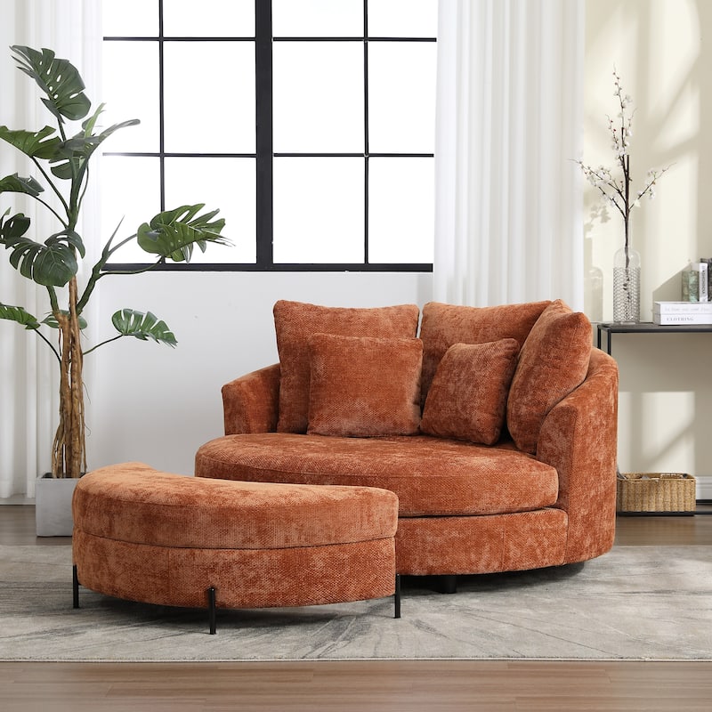 Modern Sofa Chair Round Accent Barrel Chair With 5 Pillows and Storage Ottoman