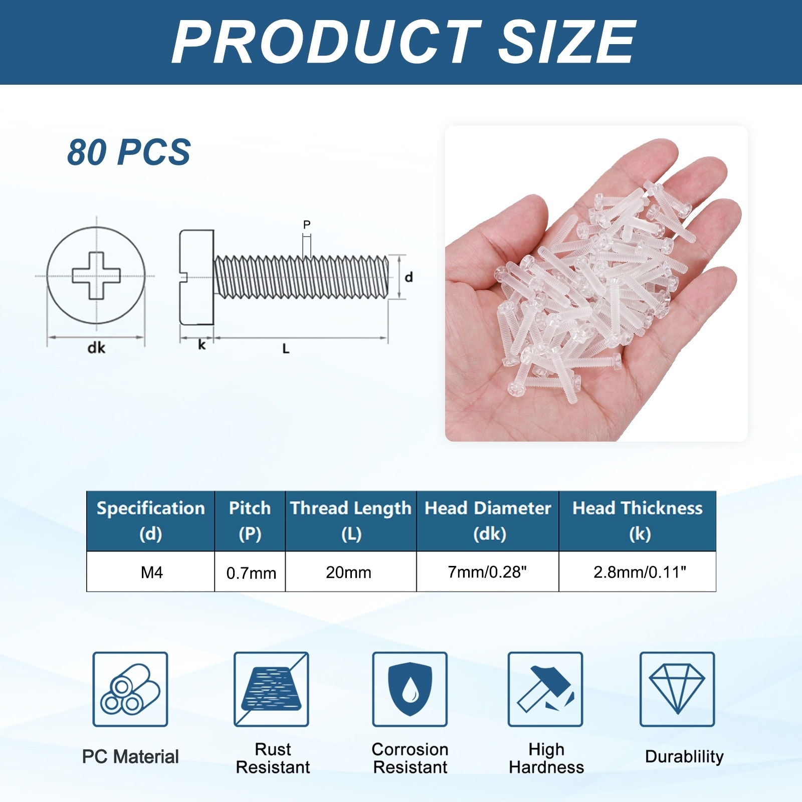 Clear PC Plastic Self-tapping Screw, Phillips Round Head Bolts for Machine Accessories, Transparent