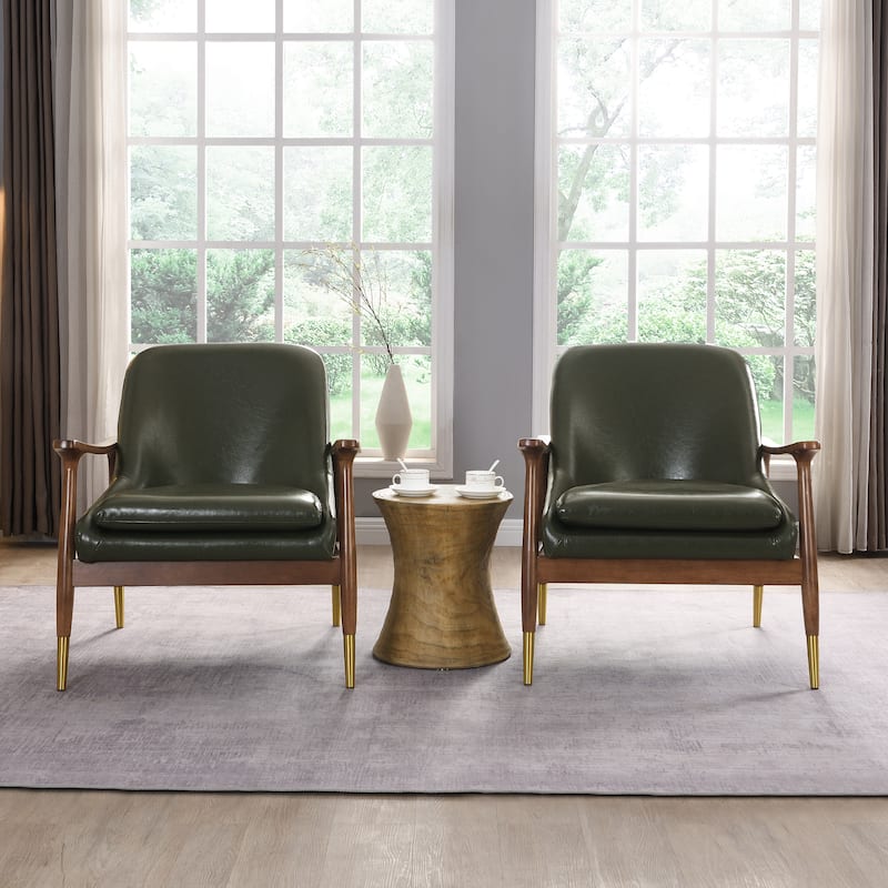Roomfitters Mid-Century Faux Leather Accent Chair with Cushioned Seat, Solid Wood Frame and Brass-Tipped Legs