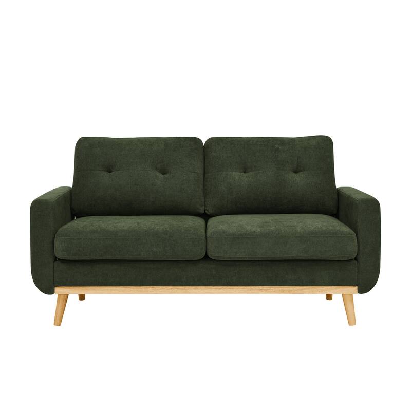 Homy Casa Green 2-Seater Sofa Wood Legs, Tufted Back, Linen Upholstery