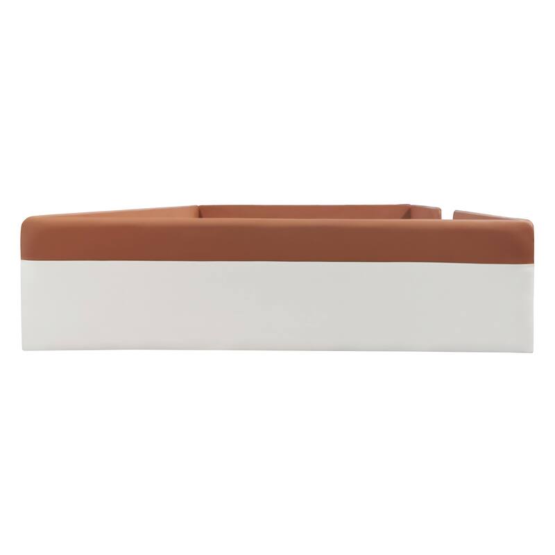 Roomfitters Twin/Full/Queen/King Size Upholstered Daybed Frame with Safety Fence and Stairs, PU Fabric Platform Bed with Slats