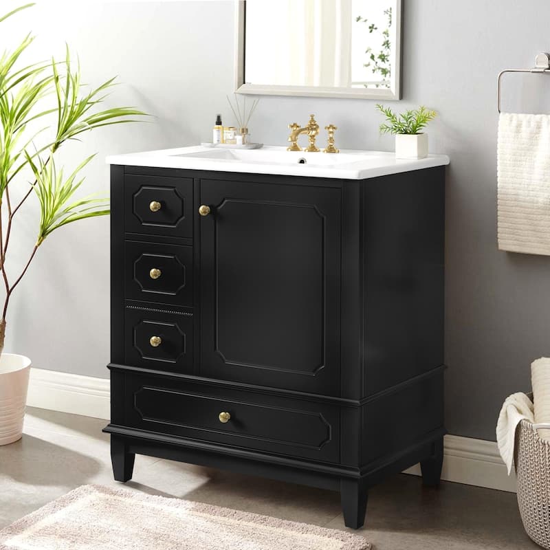30" Bathroom Vanity with Sink,Solid Wood Frame,Painted MDF & Rubber Wood - Black