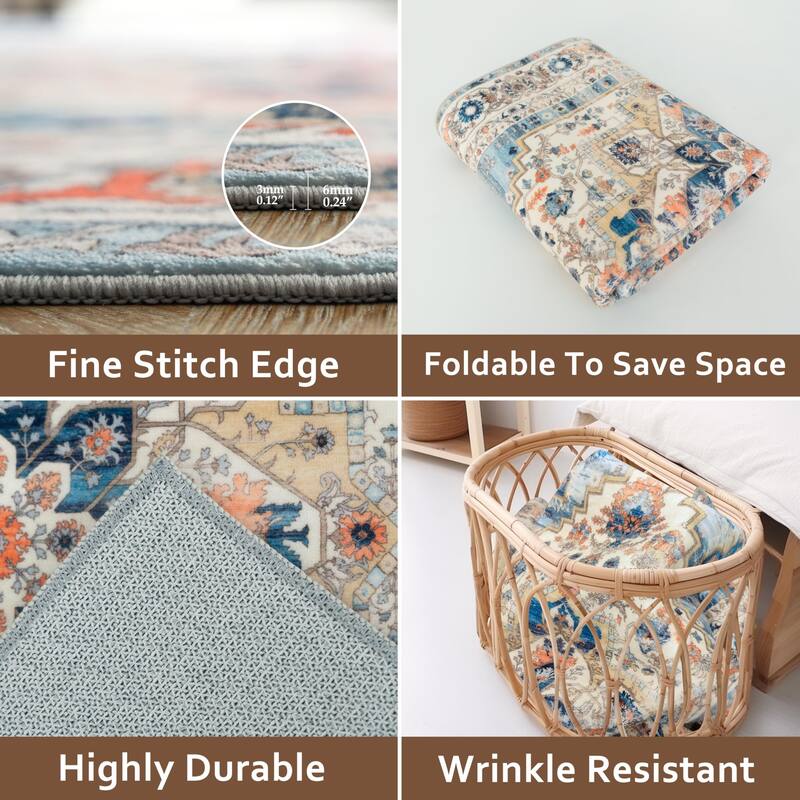 DriftAway Area Rug Washable Rugs for Living Room Non Slip Rubber Backing Low Pile Non Shedding Boho Foldable Vintage Rugs