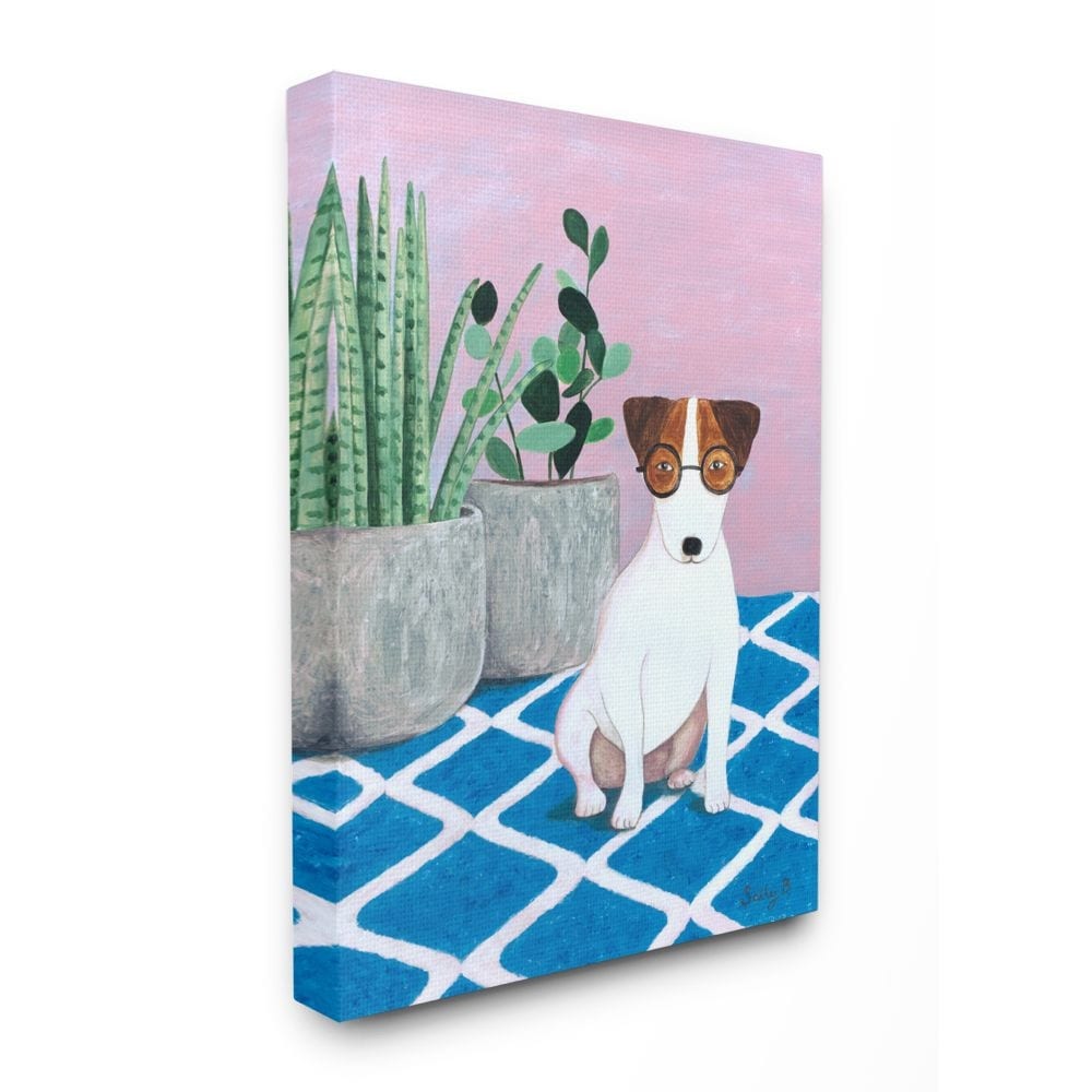Stupell Dog With Plants Pink Blue Pet Painting Canvas Wall-image