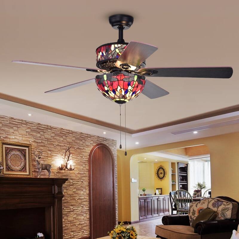 Jalev 6-Light Dragonfly Tiffany 5-Blade 52-Inch Matte Black Ceiling Fan