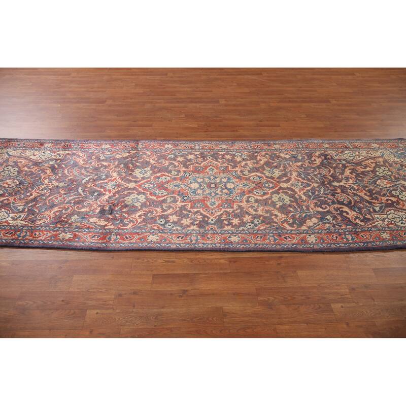 Hand Knotted Oriental 100% Wool Carpet Traditional Floral Navy Blue & Blues Mahal Runner Rug - 10' 10'' X 3' 3''