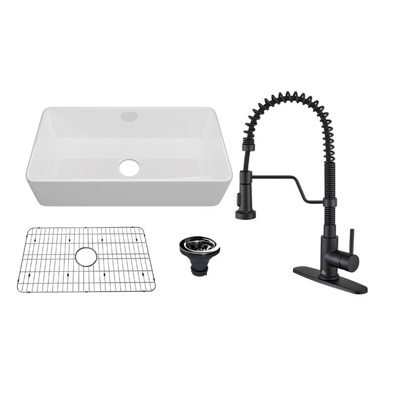 Farmhouse/Apron-Front Single Bowl Fireclay Kitchen Sink with 3-Function Pull-Down Faucet, Bottom Grid, and Basket Strainer - 36" Glossy White Sink+3-Function Pull-Down Faucet - 36 x 18 x 10