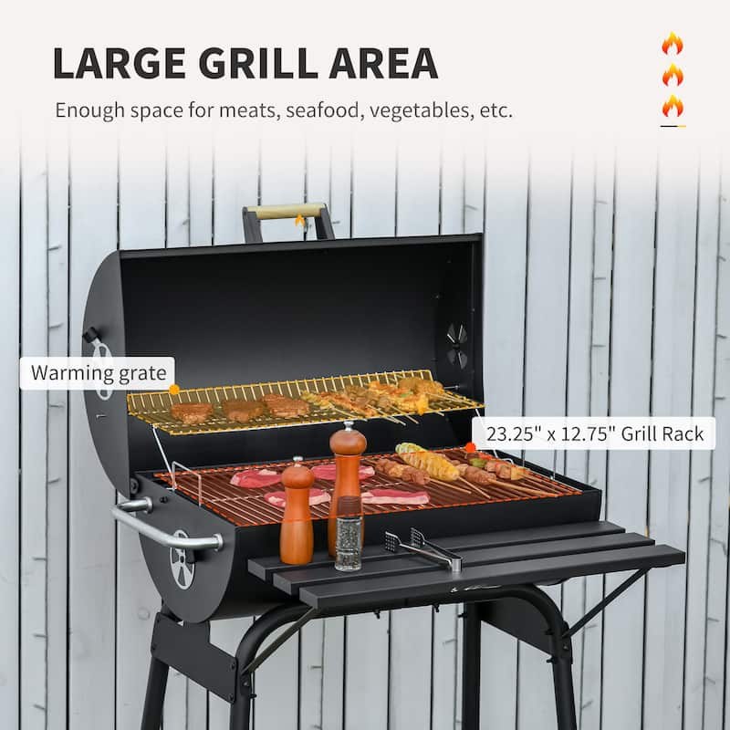 Outsunny 30" Portable Charcoal BBQ Grill Carbon Steel Outdoor Barbecue with Adjustable Charcoal Rack, Storage Shelf, Wheel