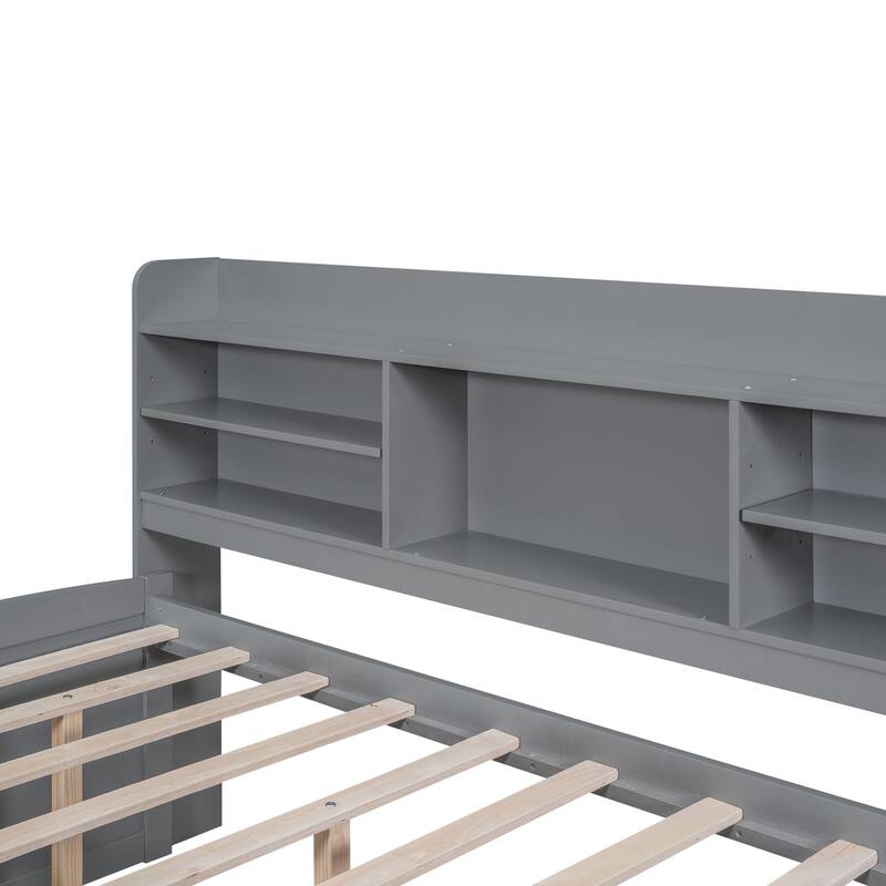 Full Size Wooden Bed with Bookcase Headboard, Three Storage Drawers, and Trundle for Space-Saving Design