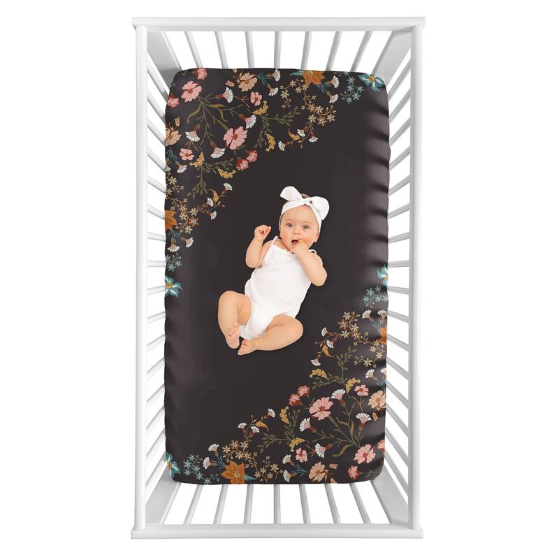 Sweet Jojo Designs Black Boho Wildflower Vintage Floral Girl 3 Pack Fitted Crib Sheets - Solid Orange & Bohemian, Farmhouse Leaf