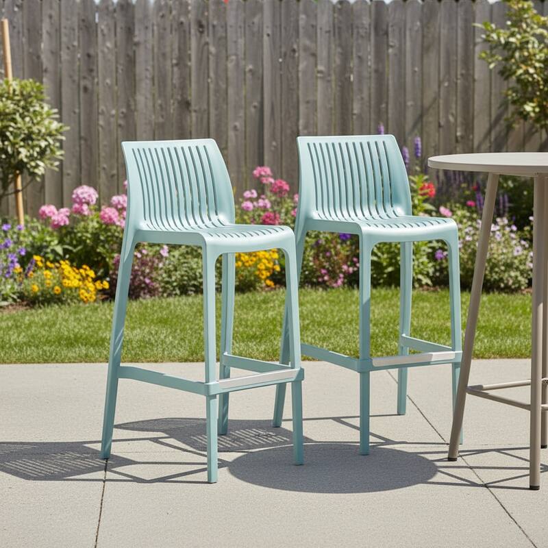 HomeRoots Set of Two 30" Baby Blue Heavy Duty Plastic Low Back Outdoor Bar Height Chairs
